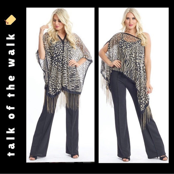 🏷️🆕🎉 black leopard print fringe 7-way scarf poncho shawl top dress - Picture 1 of 16